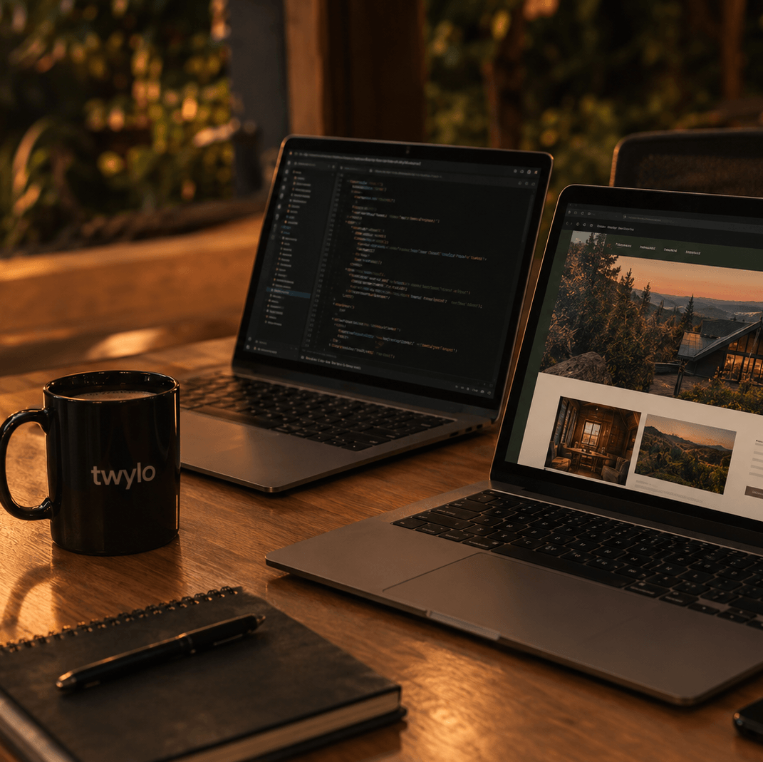 Notebooks com código e um site em criação na mesa da Twylo