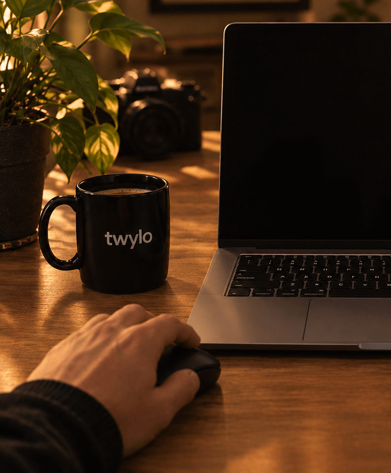 Bastidores da Twylo: caneca de café ao lado do notebook